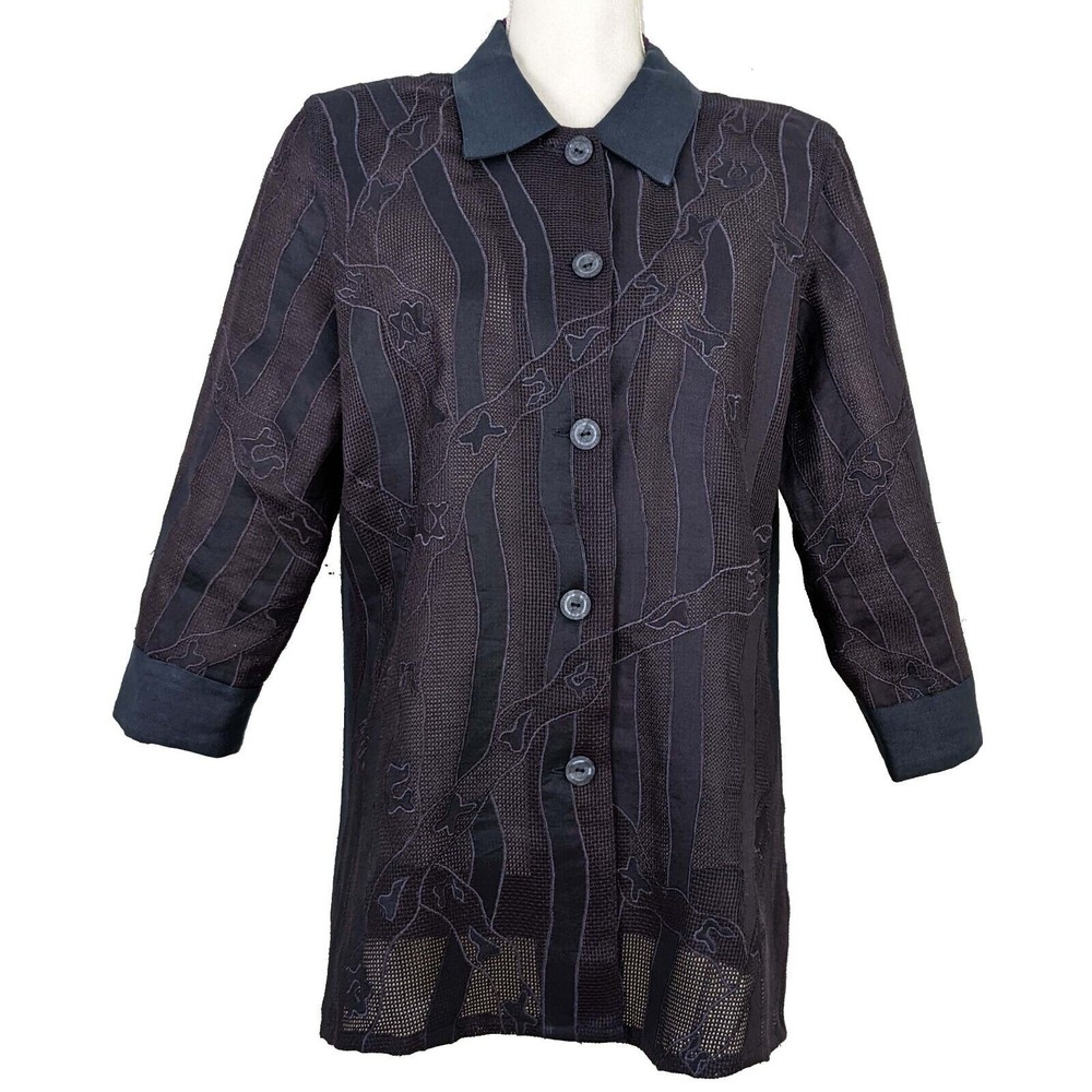 Ann Gerlin Womens 12 Blue Linen Mesh Applique Button Front Top